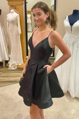 A-Line Black V-Neck Spaghetti Straps Short Homecoming Dress with Pockets