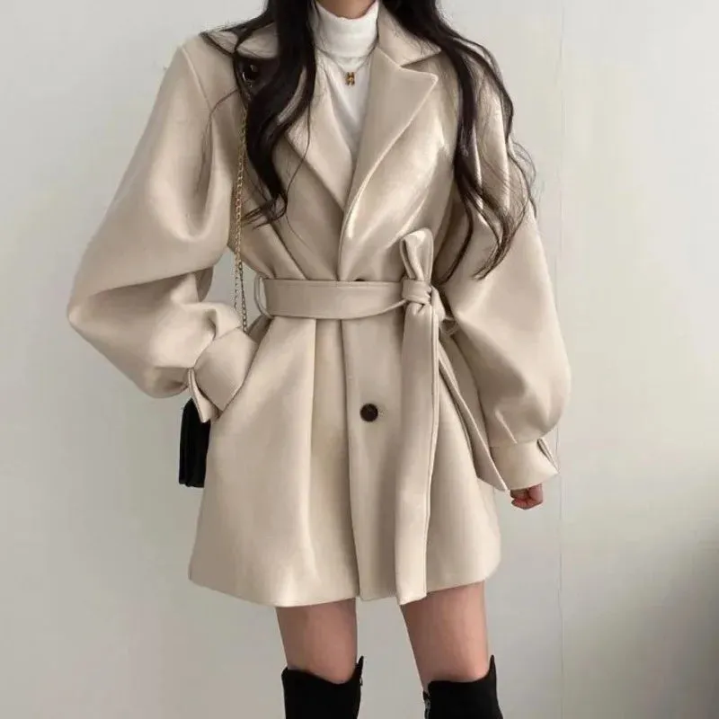 Autumn Winter Wool Jacket Women Clothing Woolen Coat Loose Lace-Up Single-Breasted Solid Wool Blend Coats Elegant Chic Outerwear