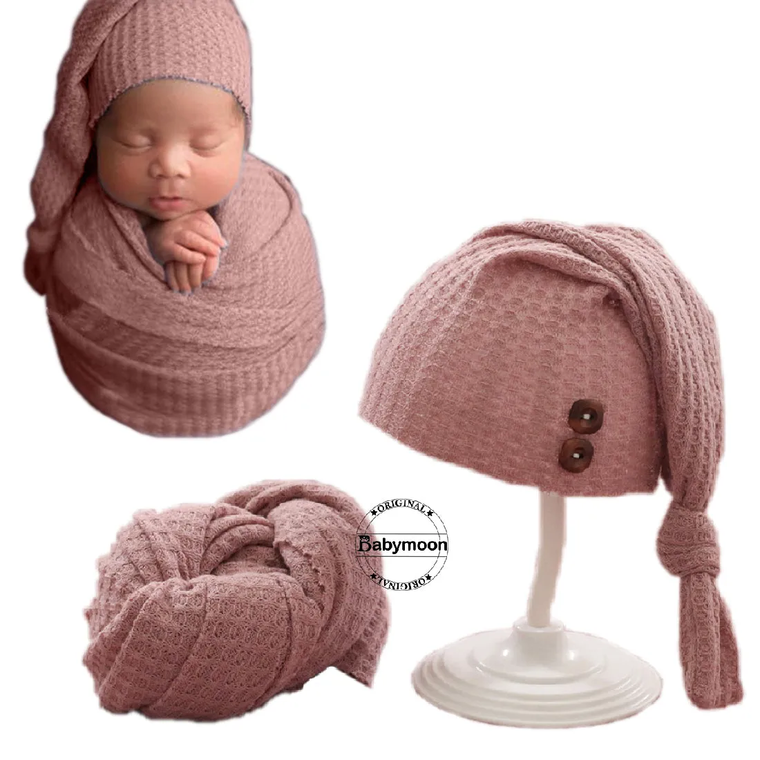 Babymoon Stretchable Baby Wrap & Knotty Cap New Born Photography Photohoot Prop-Pink