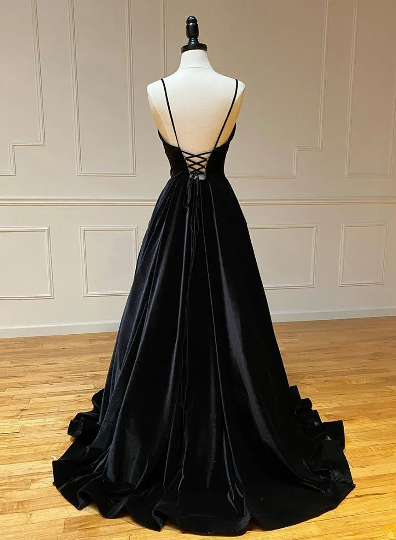 Black A-Line Velvet Long Prom Dresses Black Evening Dresses