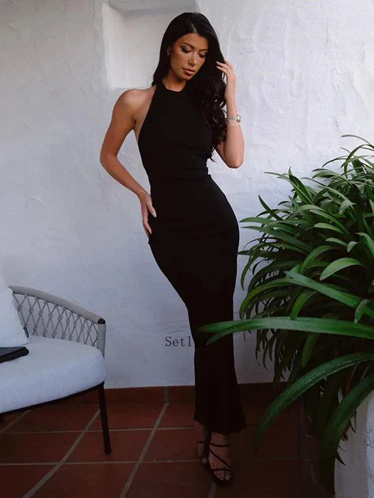 Black Backless Halter Bandage Maxi Dress