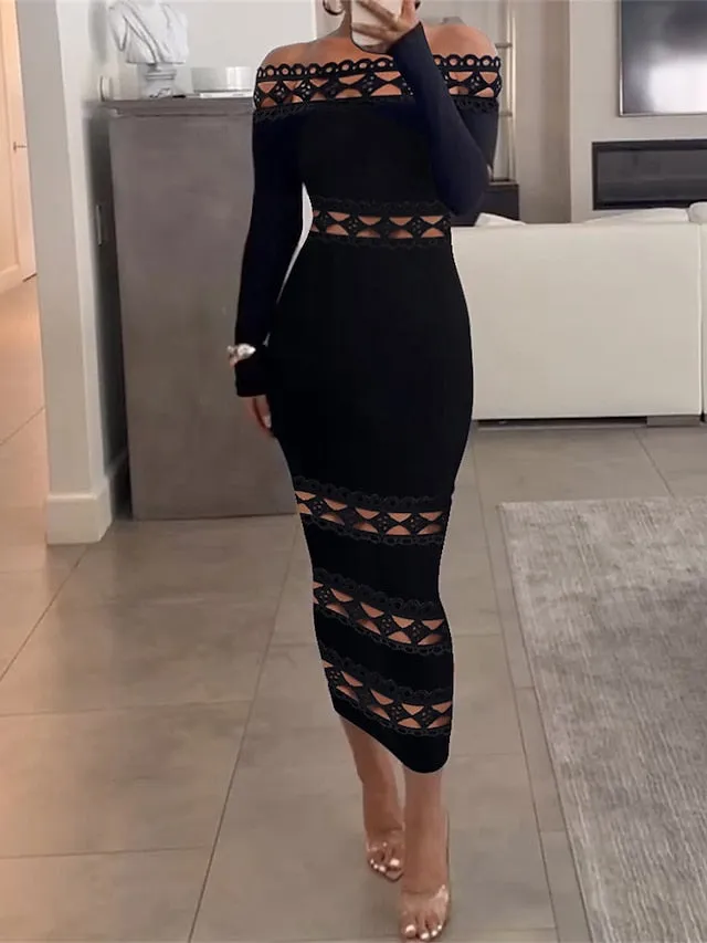 Black Bodycon Off The Shoulder Midi Cocktail Dress