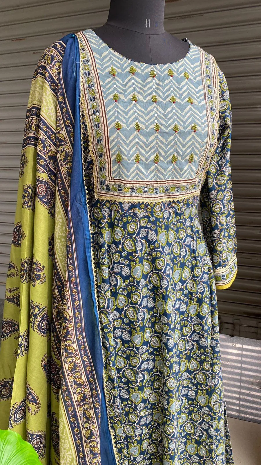 Blue & yellow cotton embroidery hand worked 3 piece kurti set