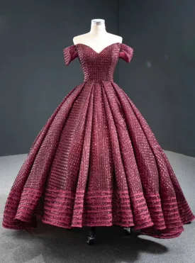 Burgundy Ball Gown  Sequins Off the Shoulder Prom Dress