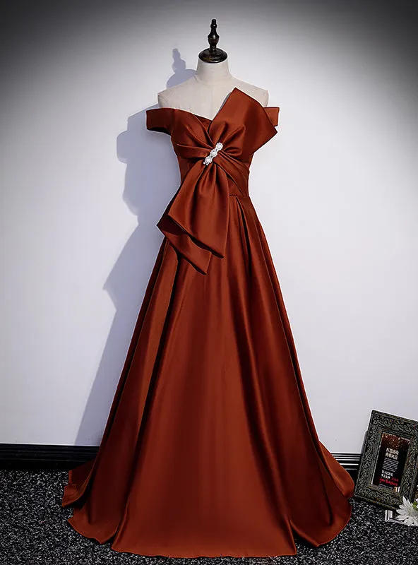 Burgundy Satin Bow Off the Shoulder Prom Dress