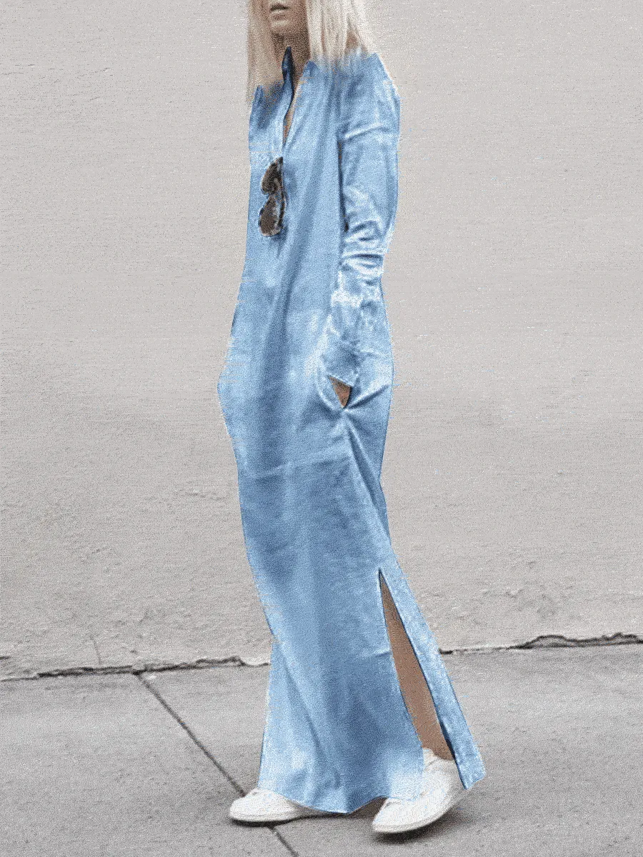 Casual Loose Long Sleeve V-Neck Pocket Linen Maxi Dress