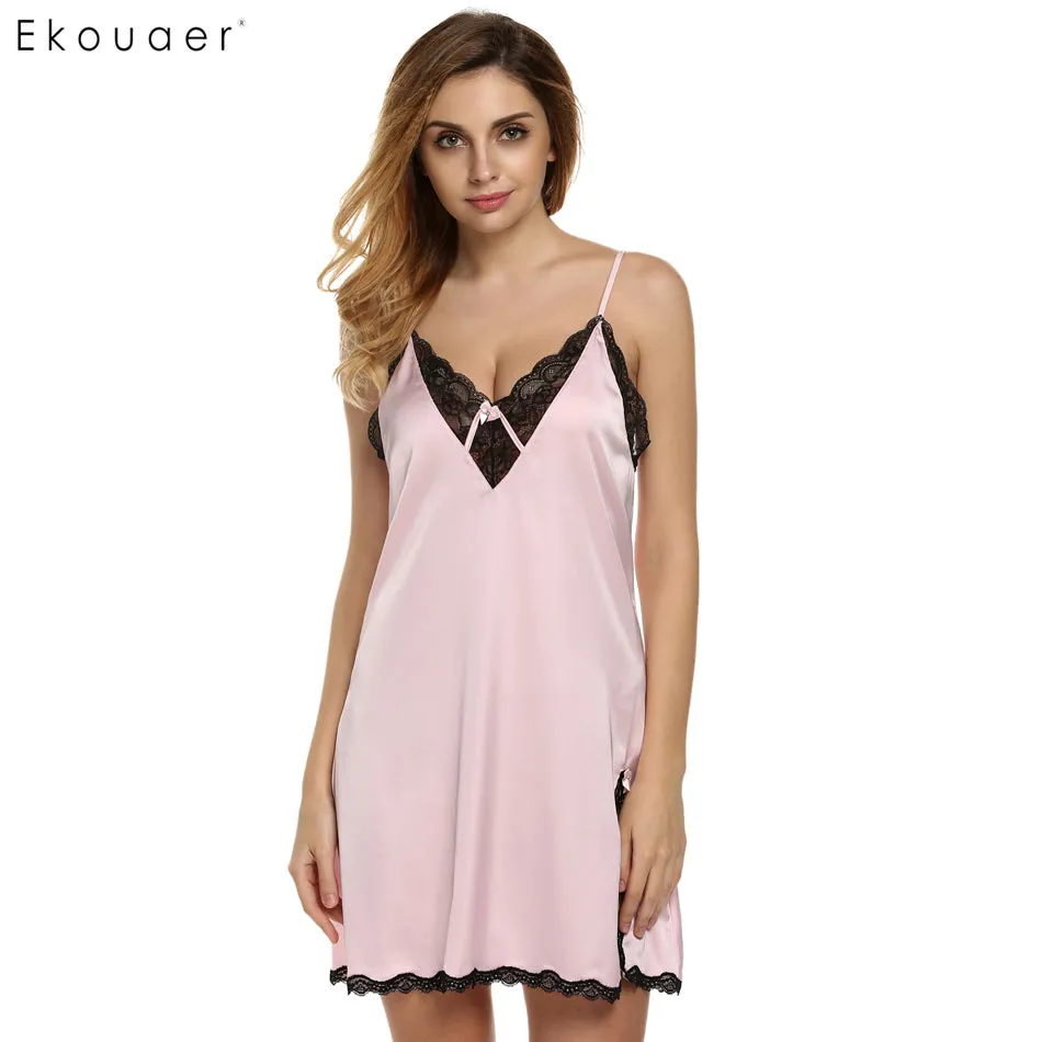 Ekouaer sleep dress Sexy Satin Sleepwear Silk Nightgown Women Nightdress Sexy Lingerie Plus Size S M L XL XXL Female Nightie