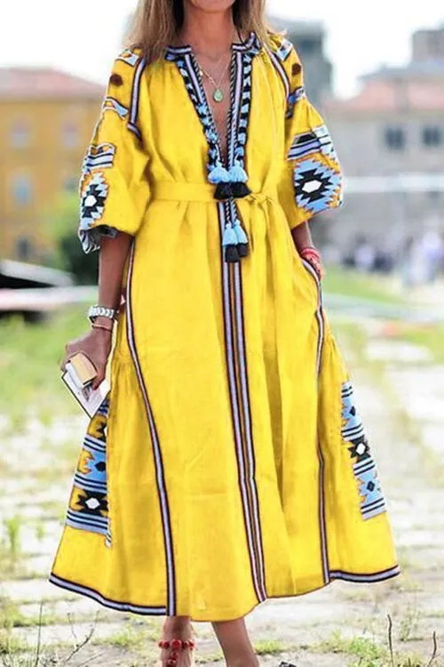 Ethnic Print Pom Pom Maxi Dress