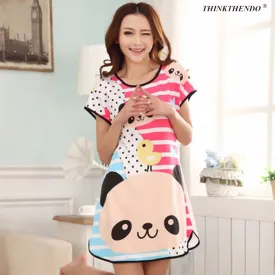 Healthy home dress nightgown women Cartoon Polka Dot Sleepwear Short Sleeve Casual Home Dress Night Shirt Sleepwear Nightwear