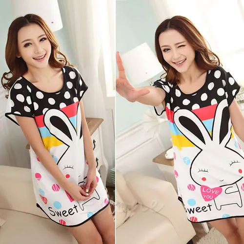 Healthy home dress nightgown women Cartoon Polka Dot Sleepwear Short Sleeve Casual Home Dress Night Shirt Sleepwear Nightwear