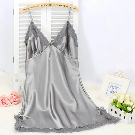 Ladies Sexy Silk Satin Night Dress Sleeveless Nighties V-neck Nightgown Solid Nightdress Lace Night Gown Sleepwear For Women