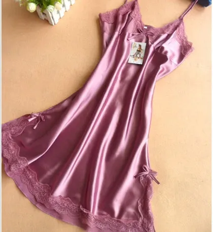 Ladies Sexy Silk Satin Night Dress Sleeveless Nighties V-neck Nightgown Solid Nightdress Lace Night Gown Sleepwear For Women