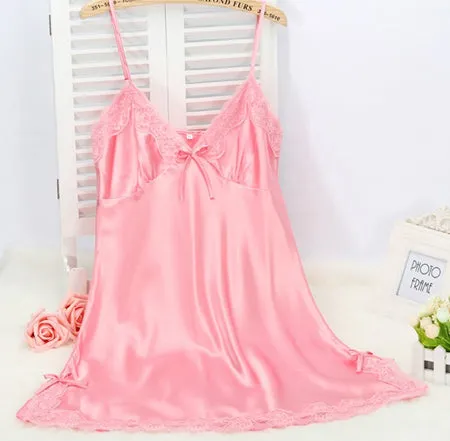 Ladies Sexy Silk Satin Night Dress Sleeveless Nighties V-neck Nightgown Solid Nightdress Lace Night Gown Sleepwear For Women