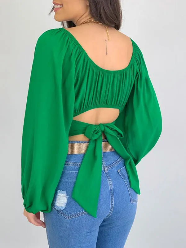 Long Sleeves Loose Elasticity Pleated Solid Color Off-The-Shoulder Blouses