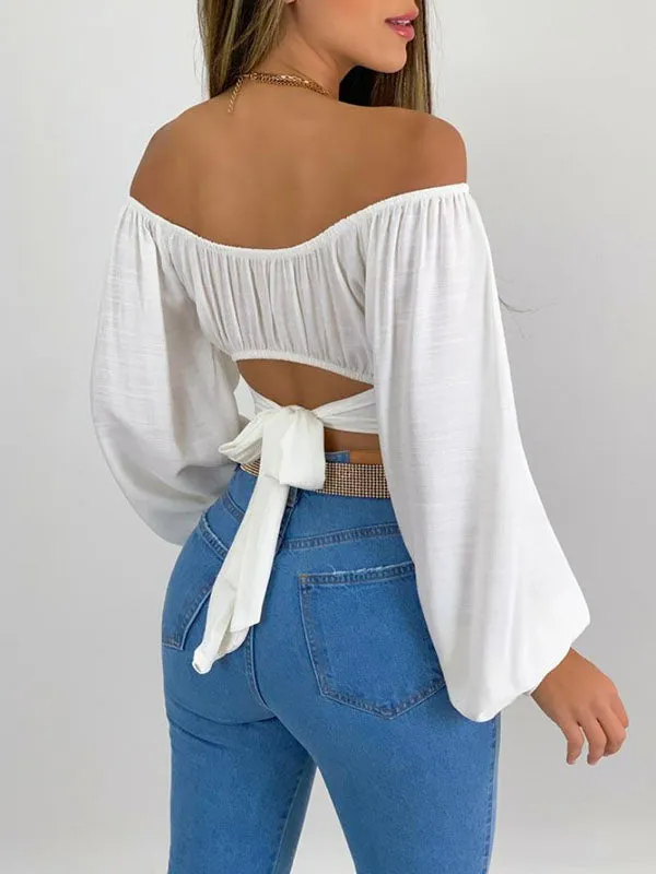 Long Sleeves Loose Elasticity Pleated Solid Color Off-The-Shoulder Blouses