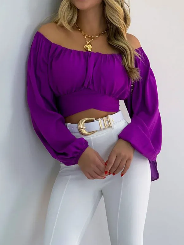 Long Sleeves Loose Elasticity Pleated Solid Color Off-The-Shoulder Blouses