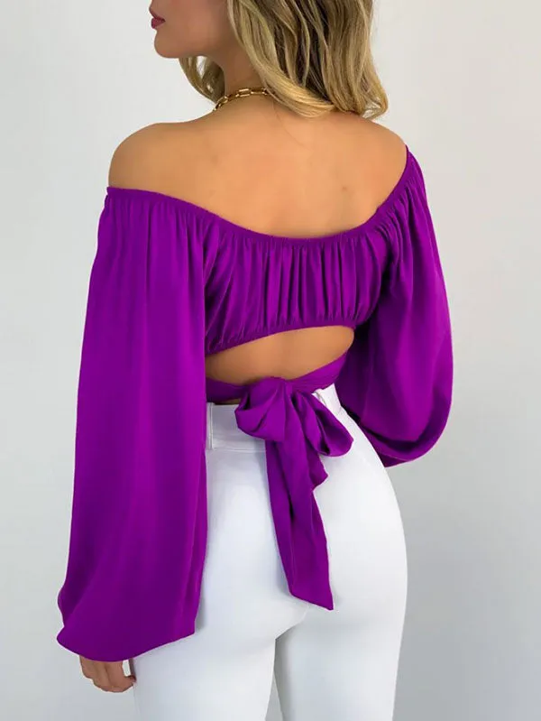 Long Sleeves Loose Elasticity Pleated Solid Color Off-The-Shoulder Blouses