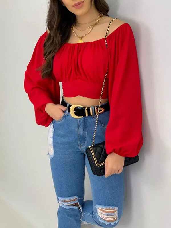 Long Sleeves Loose Elasticity Pleated Solid Color Off-The-Shoulder Blouses