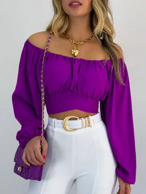 Long Sleeves Loose Elasticity Pleated Solid Color Off-The-Shoulder Blouses