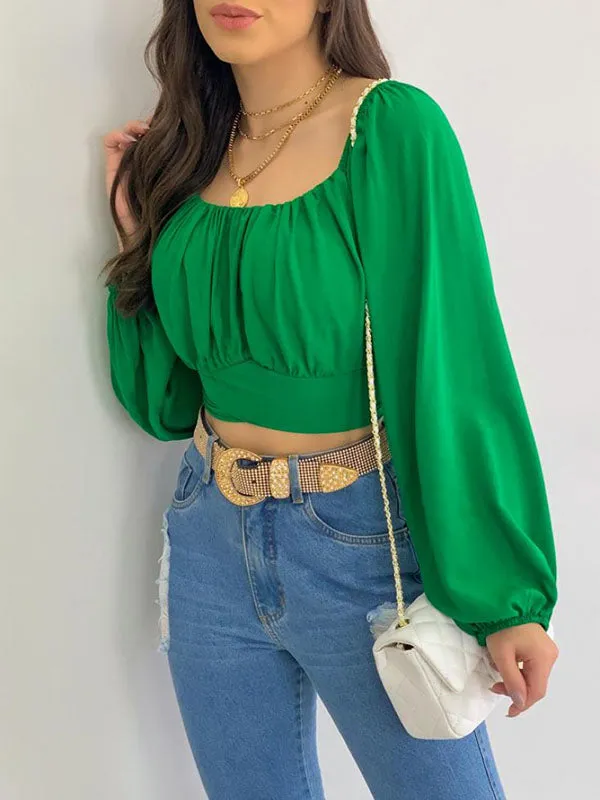 Long Sleeves Loose Elasticity Pleated Solid Color Off-The-Shoulder Blouses