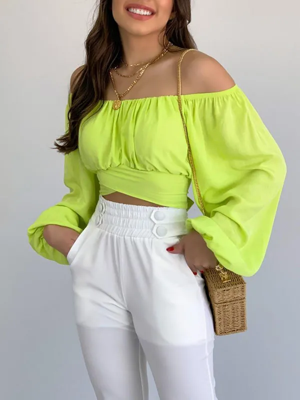 Long Sleeves Loose Elasticity Pleated Solid Color Off-The-Shoulder Blouses