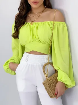 Long Sleeves Loose Elasticity Pleated Solid Color Off-The-Shoulder Blouses