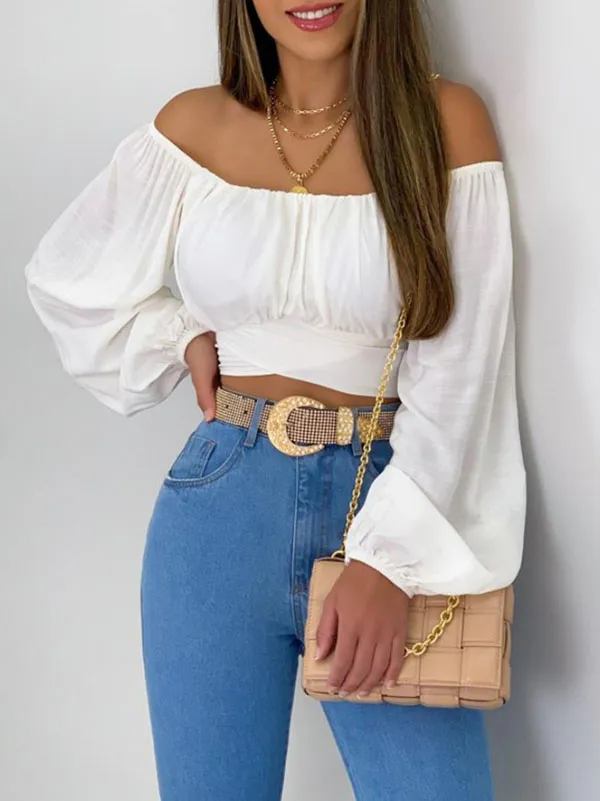 Long Sleeves Loose Elasticity Pleated Solid Color Off-The-Shoulder Blouses