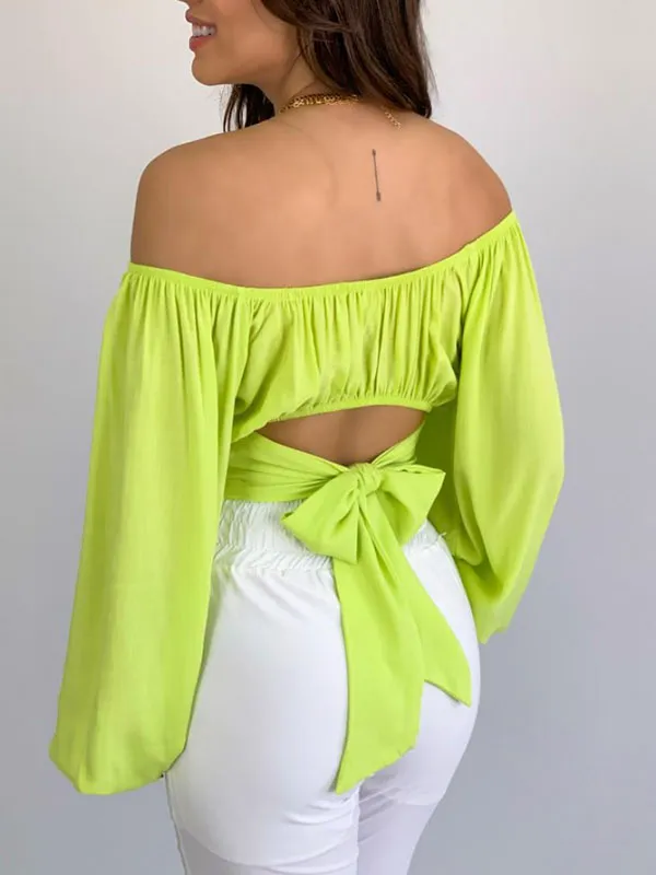 Long Sleeves Loose Elasticity Pleated Solid Color Off-The-Shoulder Blouses