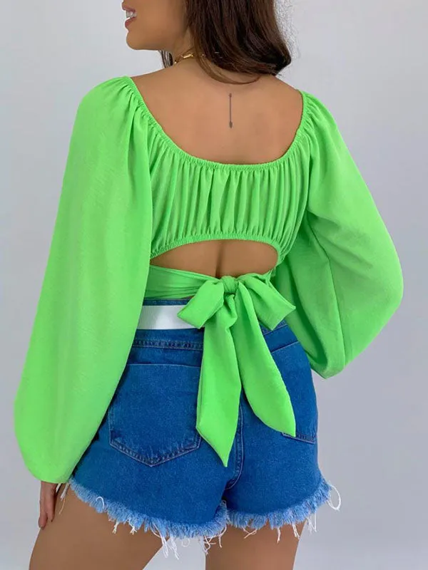 Long Sleeves Loose Elasticity Pleated Solid Color Off-The-Shoulder Blouses