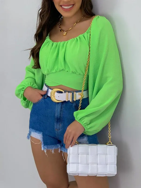 Long Sleeves Loose Elasticity Pleated Solid Color Off-The-Shoulder Blouses