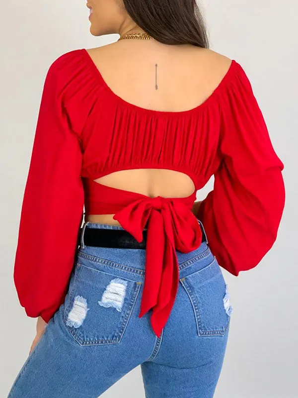 Long Sleeves Loose Elasticity Pleated Solid Color Off-The-Shoulder Blouses