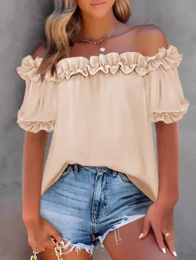 Loose Short Sleeves Pleated Ruffle Trim Solid Color Off-the-shoulder Blouses&shirts Tops