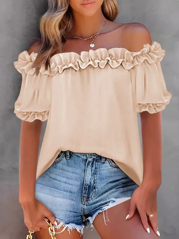 Loose Short Sleeves Pleated Ruffle Trim Solid Color Off-the-shoulder Blouses&shirts Tops