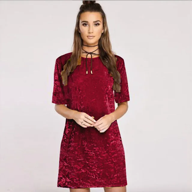 Nadafair Short Sleeve Velvet Short Casual Women Dress 2017 New Fashion Women Clothing Elegant Party dresses