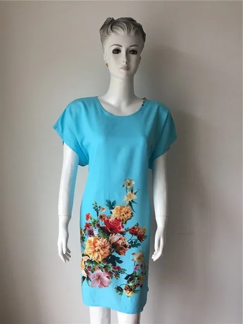 New Arrival Blue Chinese Women Cotton Nightdress Summer Short Sleeve Sleepwear Floral Home Dress Robe Gown One Size S0125