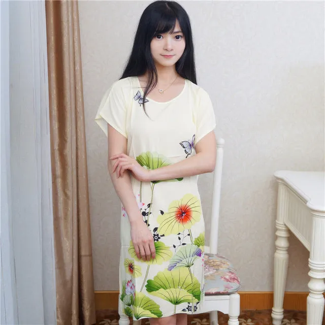 New Arrival Blue Chinese Women Cotton Nightdress Summer Short Sleeve Sleepwear Floral Home Dress Robe Gown One Size S0125