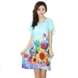 New Arrival Blue Chinese Women Cotton Nightdress Summer Short Sleeve Sleepwear Floral Home Dress Robe Gown One Size S0125