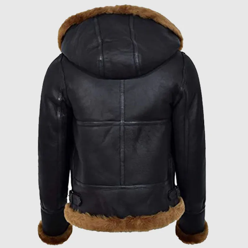 New Style Women Black Hooded B3 Flying Shearling Leather Jacket