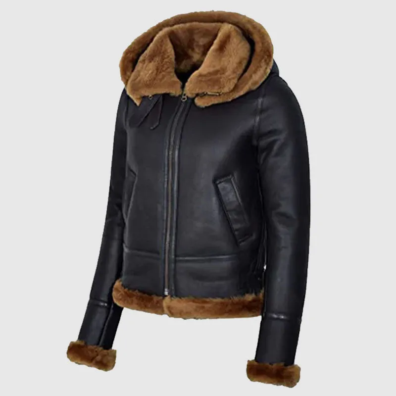 New Style Women Black Hooded B3 Flying Shearling Leather Jacket