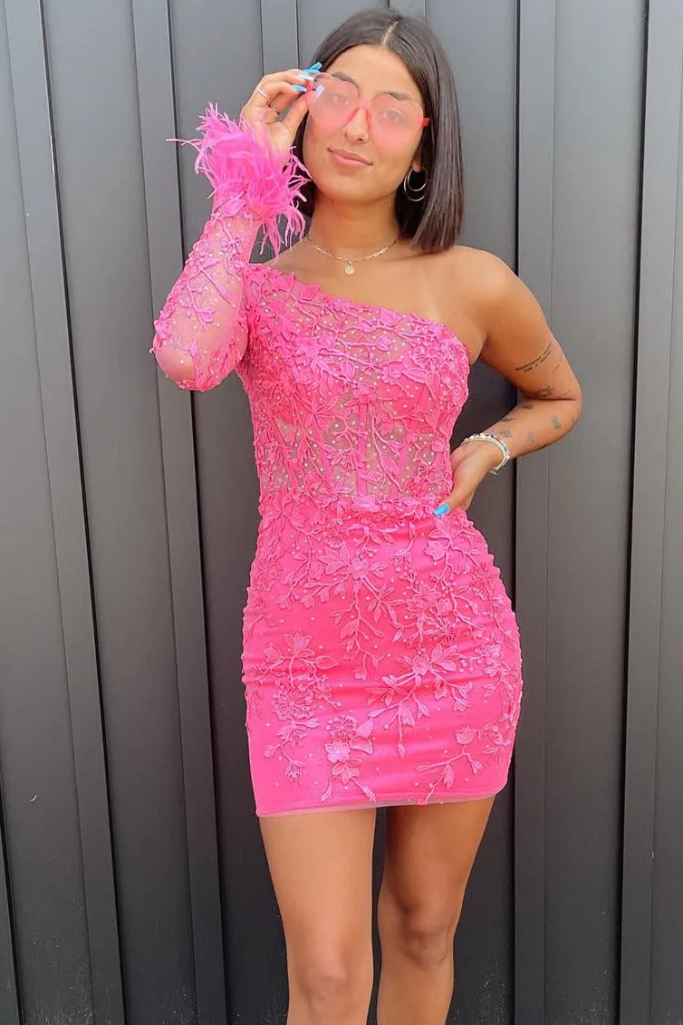 One Shoulder Hot Pink Long Sleeve Appliques Bodycon Homecoming Dress