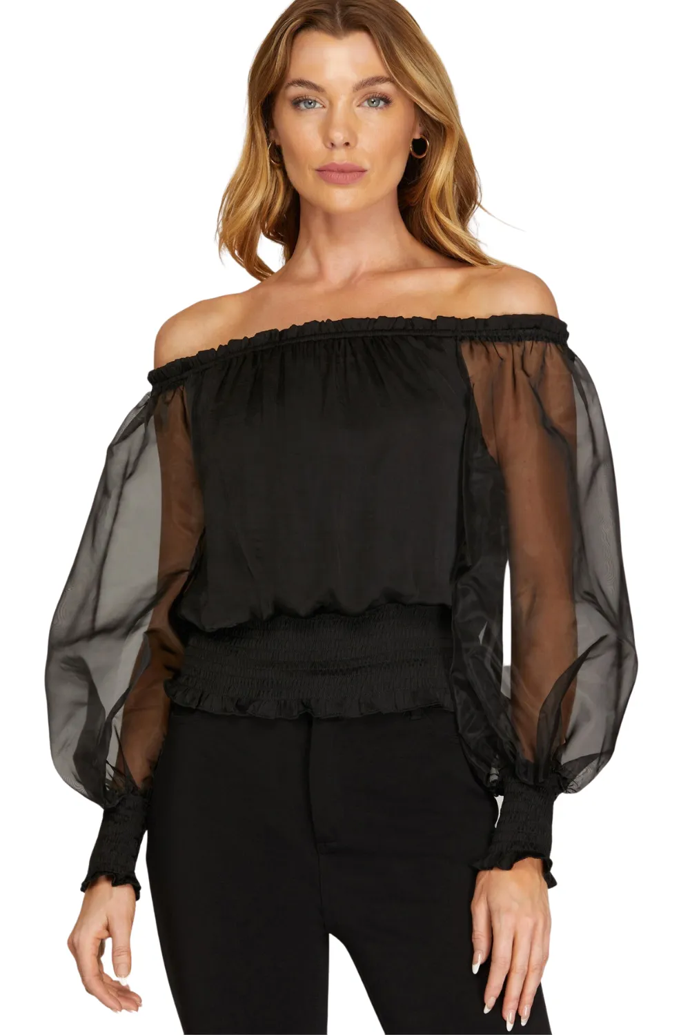 ORGANZA PUFF SLEEVE OTS TOP | BLACK