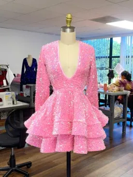 Pink Cocktail Dresses A-Line V-Neck Long Sleeve Shiny Sequin Homecoming Dresses