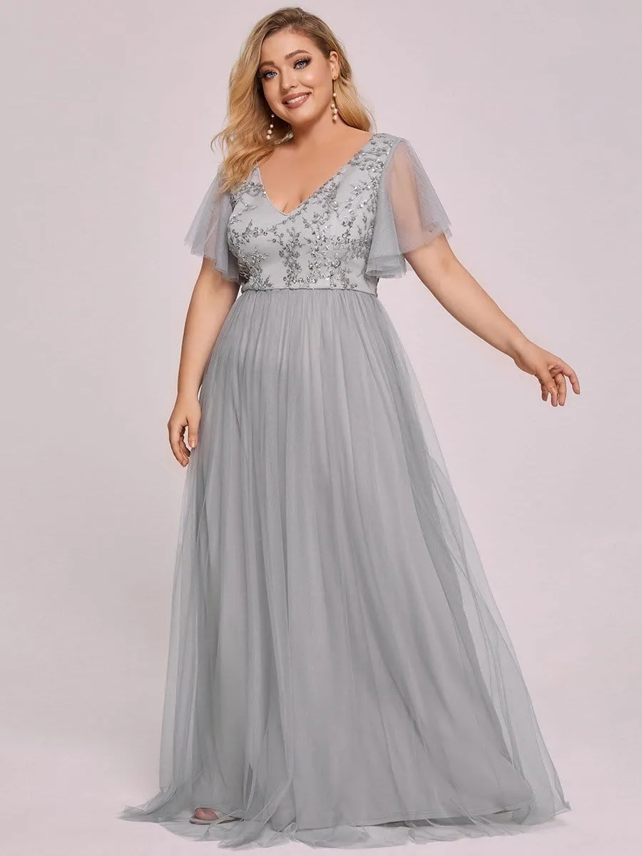 Plus Size Sequin Cherry Blossom Flutter Sleeve Evening Dress