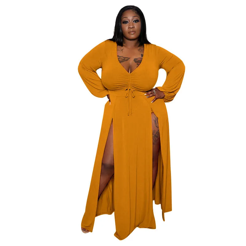 Plus Size Sexy Deep V Plunge Neck, Long Sleeve Slit Dress