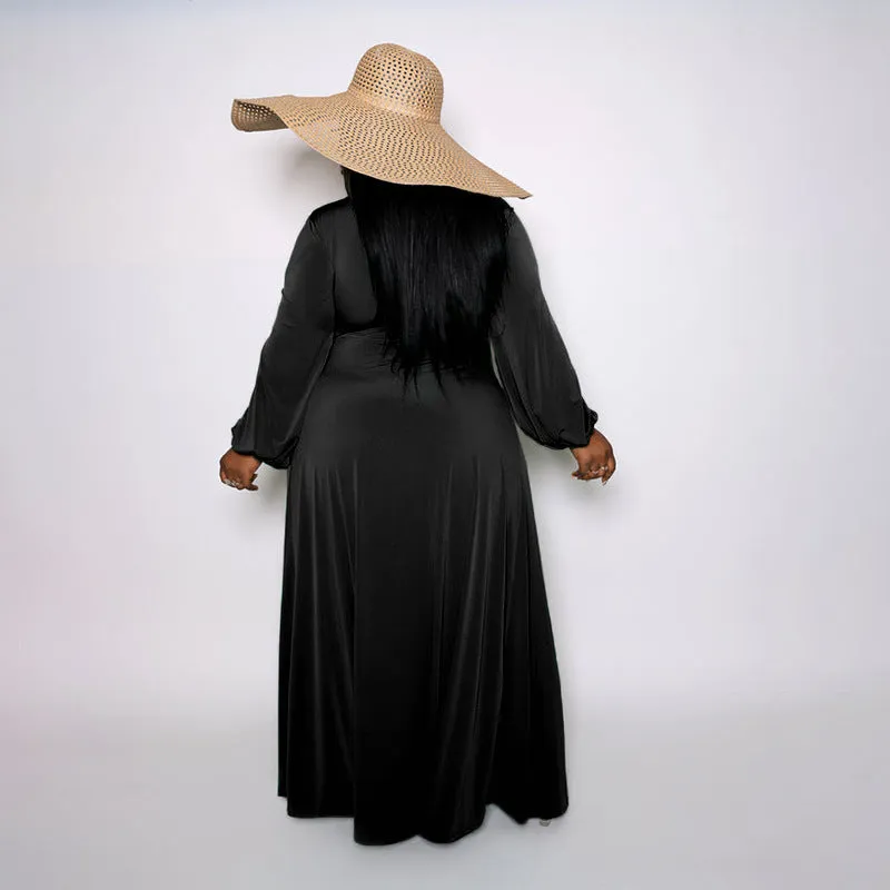 Plus Size Sexy Deep V Plunge Neck, Long Sleeve Slit Dress