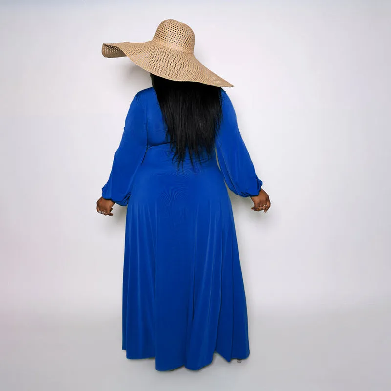 Plus Size Sexy Deep V Plunge Neck, Long Sleeve Slit Dress