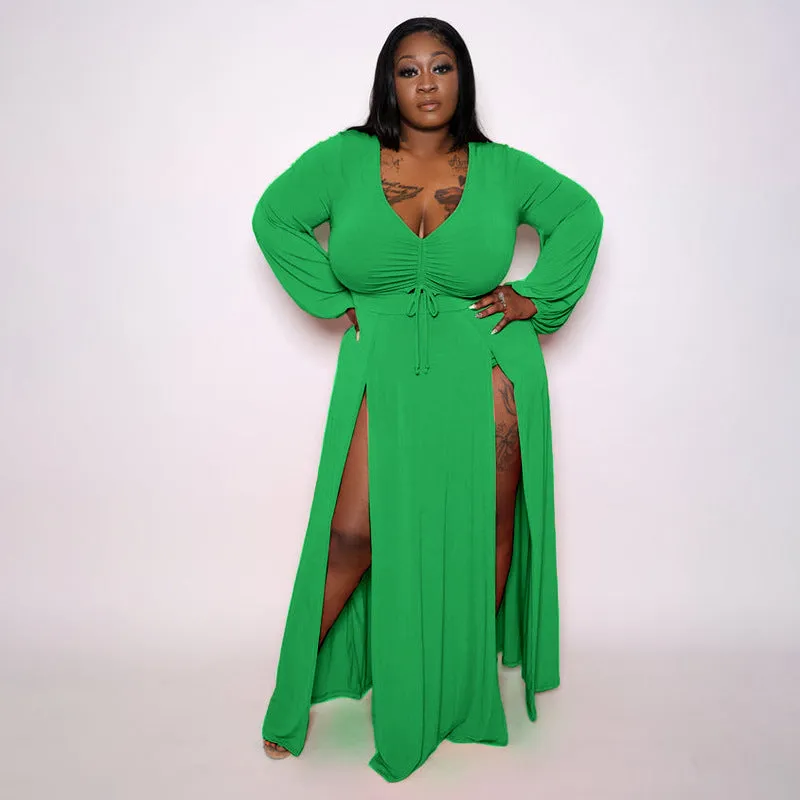 Plus Size Sexy Deep V Plunge Neck, Long Sleeve Slit Dress