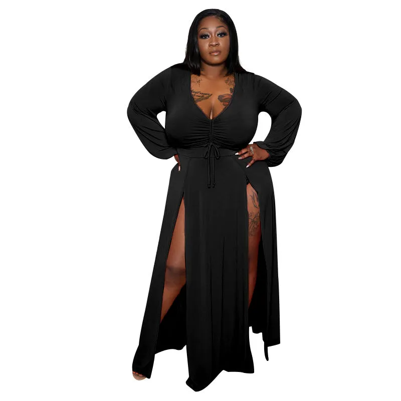 Plus Size Sexy Deep V Plunge Neck, Long Sleeve Slit Dress