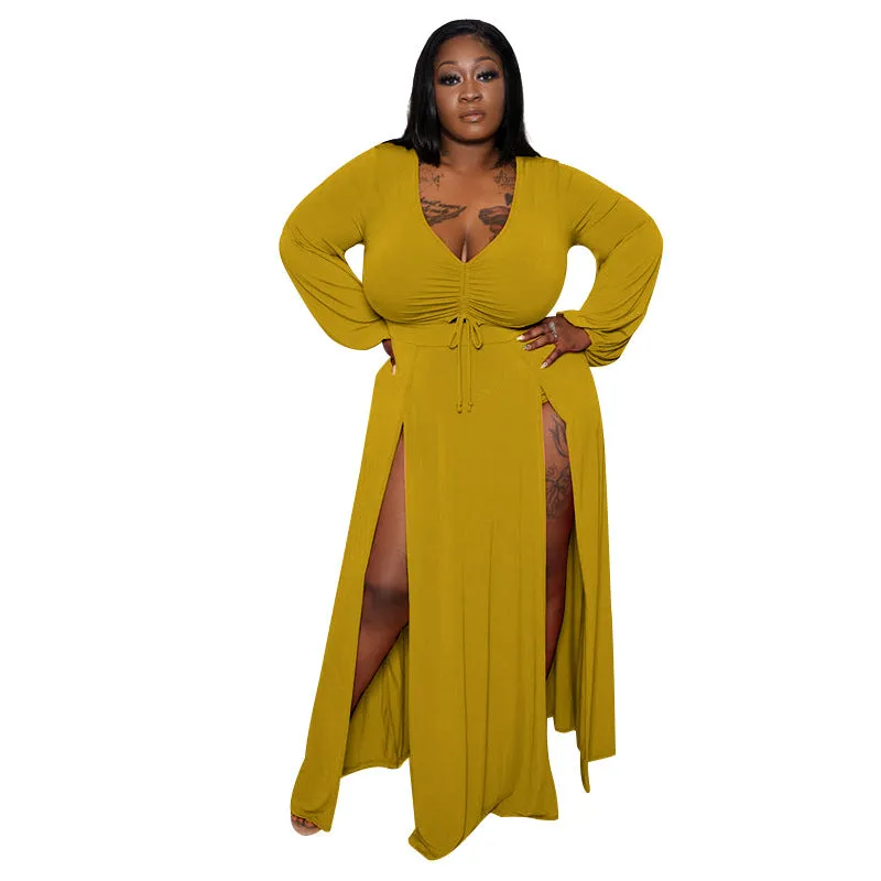 Plus Size Sexy Deep V Plunge Neck, Long Sleeve Slit Dress