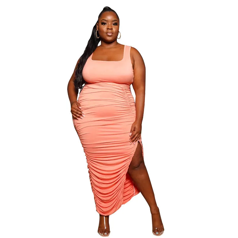 Plus Size Women's Sexy U-Neck Sleeveless Ruched Split Dress